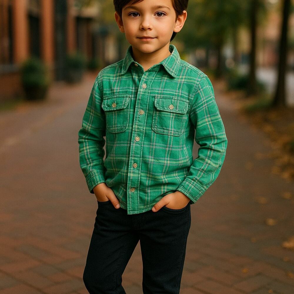Carters Boys Green Plaid‎ Button Down Shirt Long Sleeve Cotton Size 5 Preppy